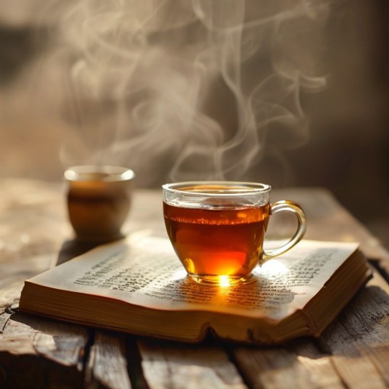 A warm cup of tea on a wooden desk with a journal nearby