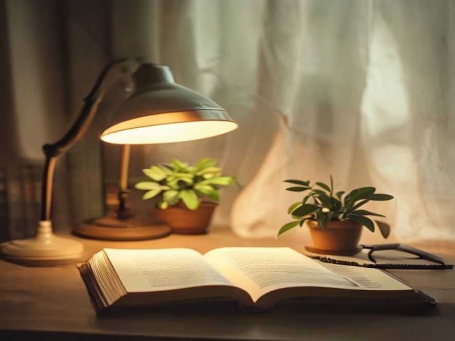 An open journal with a pen, sitting beside a plant on a simple wooden desk with natural light